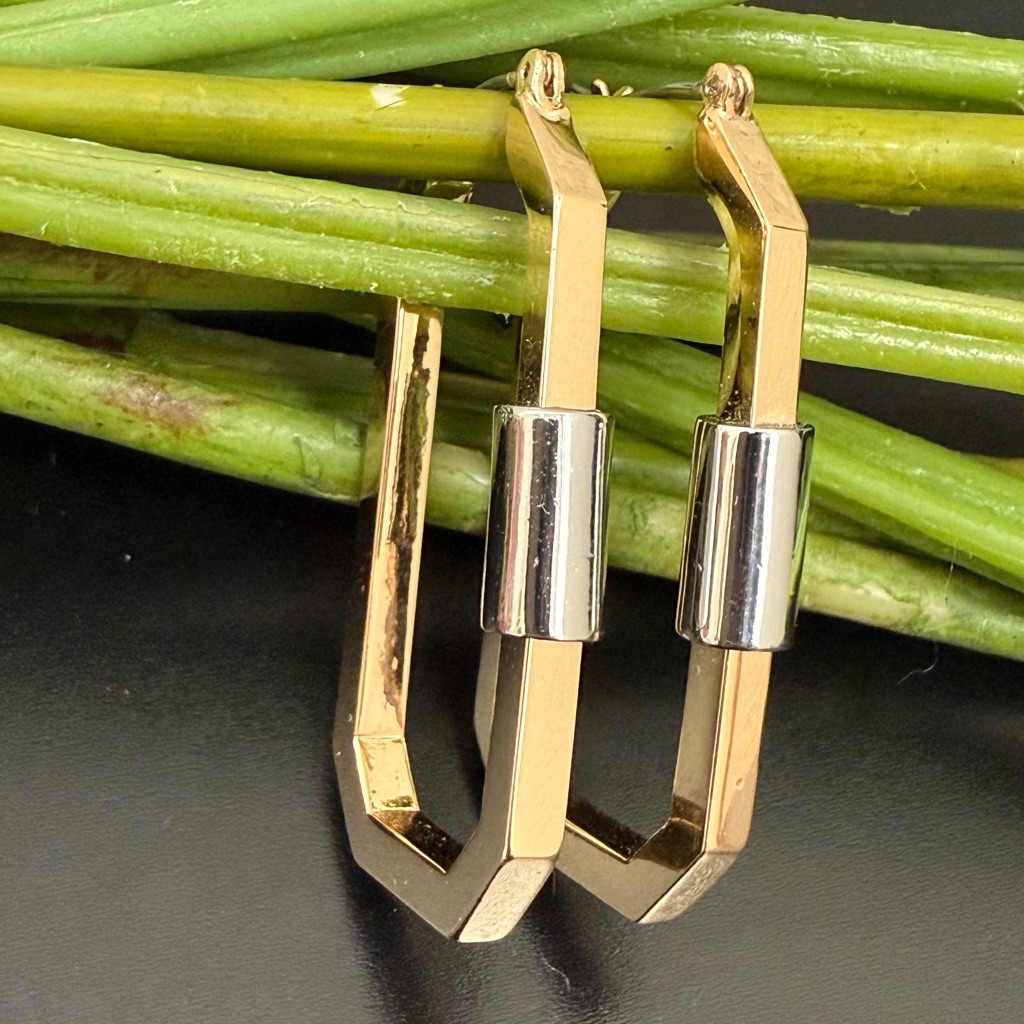All Saints Hex Carabiner Gold & Silver-Tone Hexagon Hoop Earrings 18.2g.